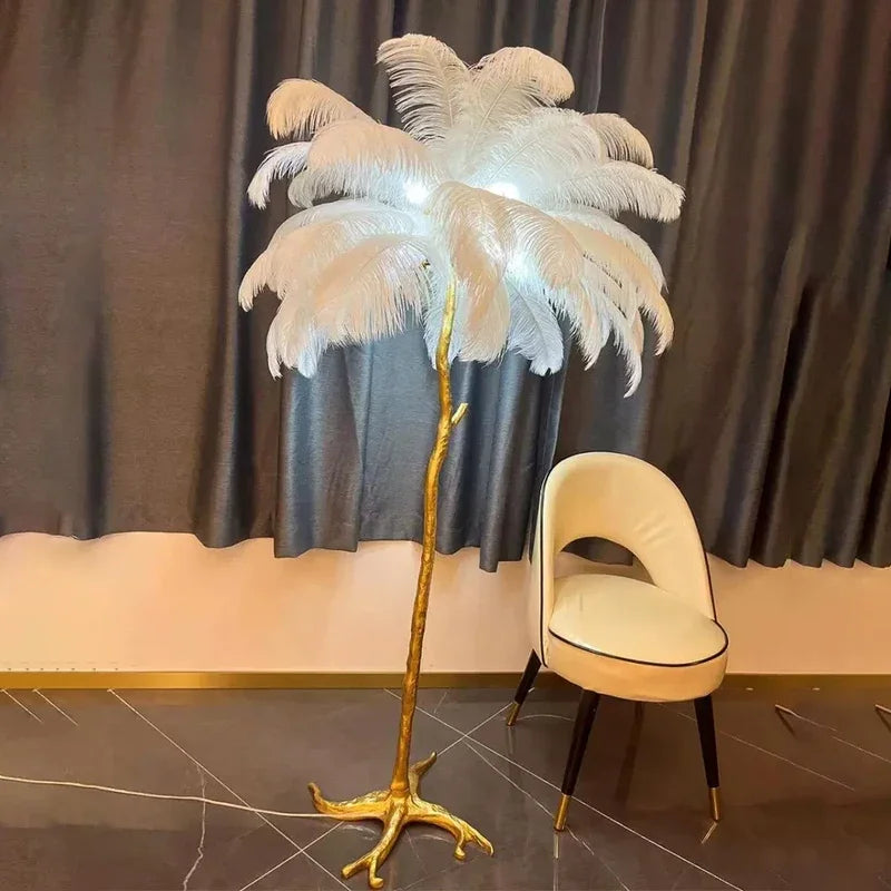 Ostrich Feather Led Floor Lamp Copper Resin Bedroom Bedside Standing Table Light