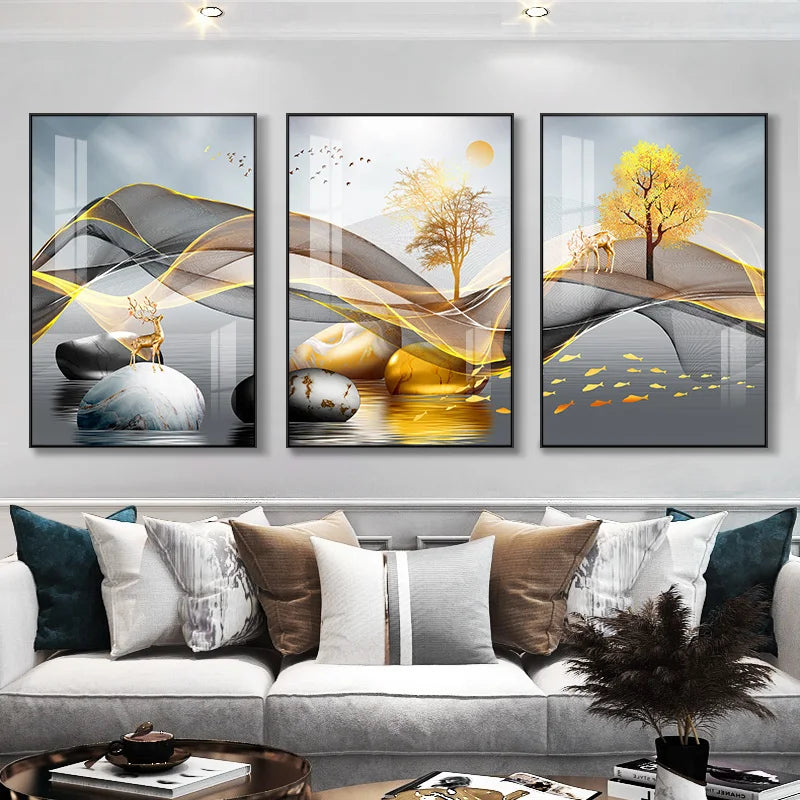 3 Pieces Nordic Luxury Ribbon Abstract Landscape Wall Art