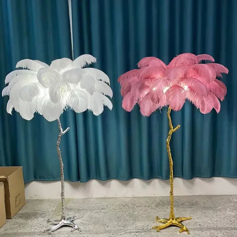 Ostrich Feather Led Floor Lamp Copper Resin Bedroom Bedside Standing Table Light