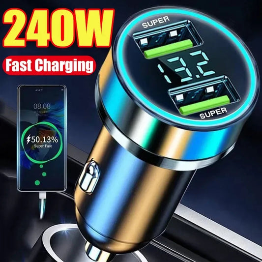 240W Car Super Fast Charger Dual USB Ports for iPhone Samsung